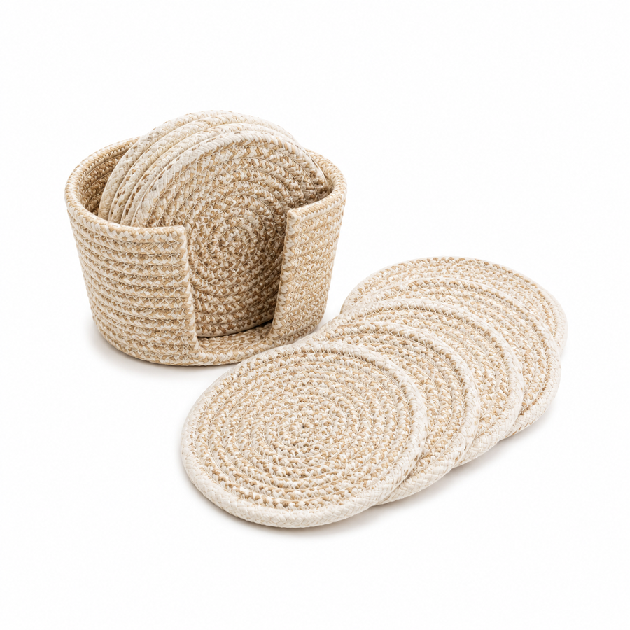 Geflochtene Baumwoll-Untersetzer mit Halter im 6er-Set – Ø 11 cm