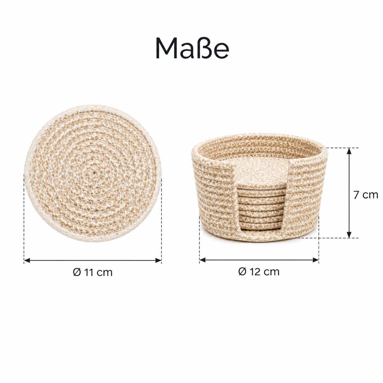 Geflochtene Baumwoll-Untersetzer mit Halter im 6er-Set – Ø 11 cm